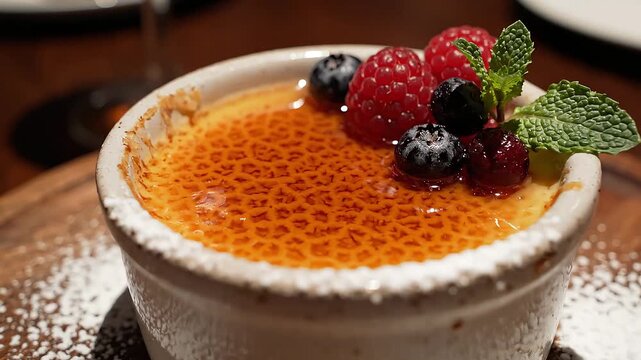 Close-up of a delicious cr&egrave;me br&ucirc;l&eacute;e dessert topped with fresh berries and mint.