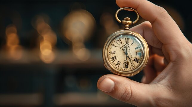 Mano sosteniendo un elegante reloj de bolsillo antiguo dorado con dise&ntilde;o vintage y cl&aacute;sico, s&iacute;mbolo del tiempo y la nostalgia, Generative AI