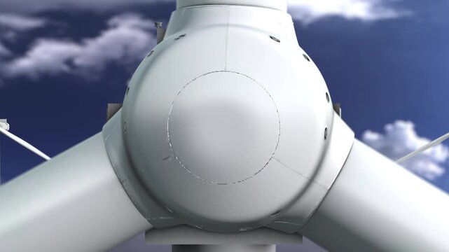 Close-up reveal of 3D Rendered Wind Turbines Spinning on Blue Sky Background. Renewable Energy Wind Farm Concept Visualisation. Sustainable development, clean power infrastructure animation.