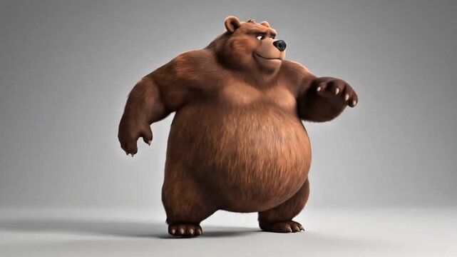 Ultra smooth 4K seamless loop animation of a cartoon bear walking with heavy exaggerated steps, belly wobbling slightly, arms swinging loosely, soft fur shading style, neutral background