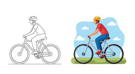 Fototapeta premium Cyclist wearing a bright helmet riding a bicycle outdoors showing outline and color versions