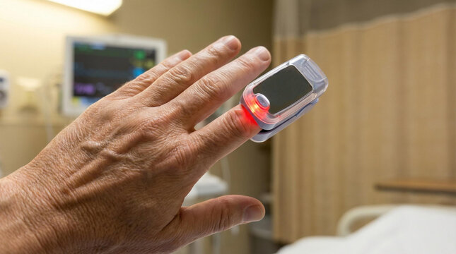 Human hand holds pulse oximeter on index finger