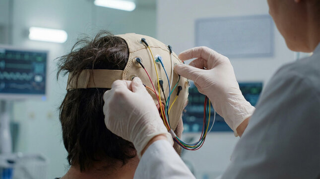 Medical specialist connects electrodes to a patient's head cap