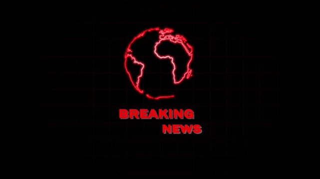 Breaking news red neon globe graphic for live news updates. Red neon globe for urgent news alerts and global coverage. Breaking news graphic for modern news interfaces and digital media.