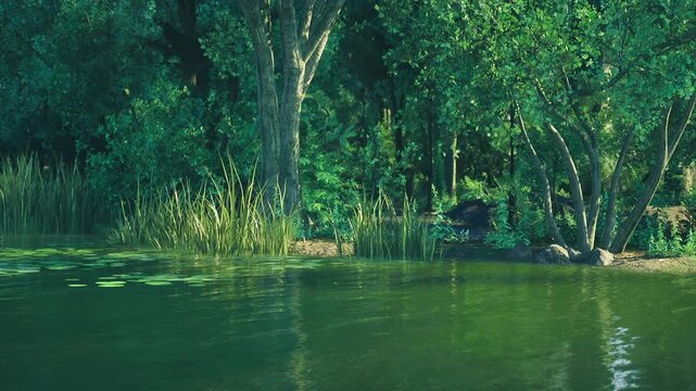 Lush shoreline with dense trees and visible lily pads on water, deep green tones and textured vegetation at waterline, still surface reflecting foliage,