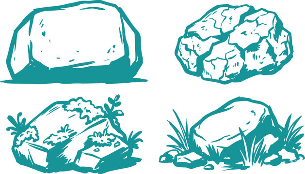 Hand Drawn Rock Stone Silhouette Vector Illustration Set with Natural Boulder Mineral and Outdoor Nature Design Collection.