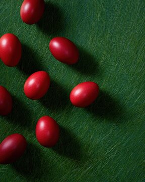 scattered red Easter eggs on green grass seasonal greeting card background