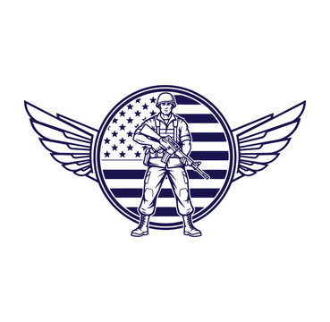 American soldier with gun standing in front of flag emblem with wings symbolizing protection and patriotism in one sentence