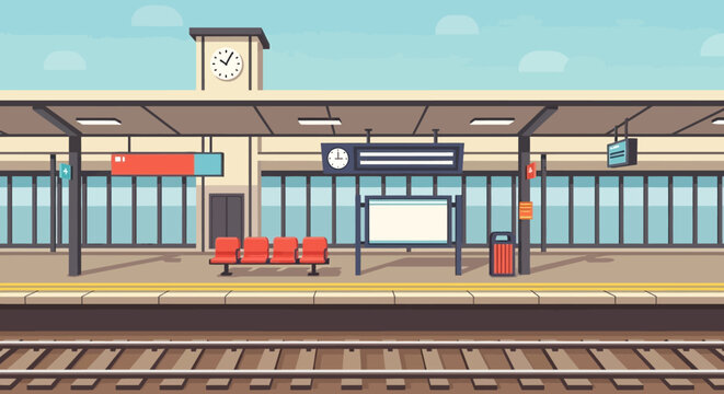 Modern Railway Station Platform with Empty Seating and Train Tracks