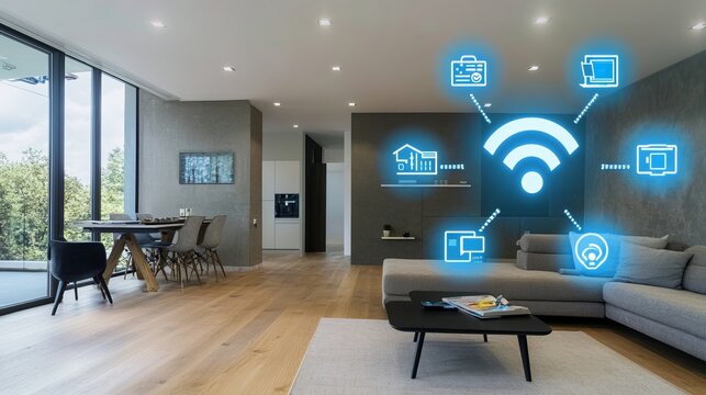 Futuristic Smart Home Interior with AI Integration, Modern Automation and Bright Living Spaces