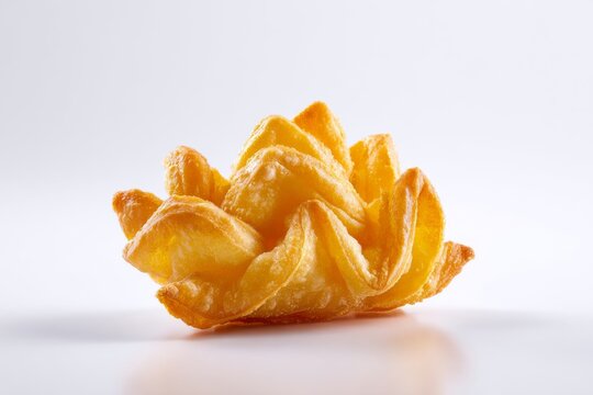 Crispy golden fried wonton wrapper shaped like a flower against a clean white background
