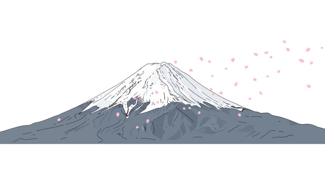 Mt Fuji with Falling Cherry Blossom Petals Illustration
