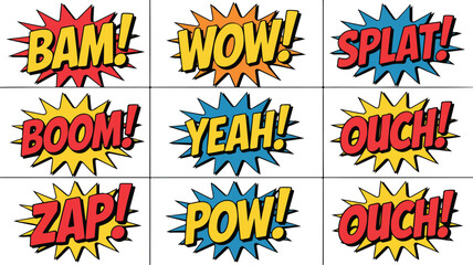 Bright pop art comic bursts set with bam wow boom zap pow text effects arranged in grid layout vector design © Mousumi