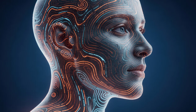 A mesmerizing image of a woman's face with intricate patterns symbolizing thoughts and consciousness. The patterns flow across her face, suggesting the complexity of the human mind