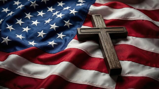 Wooden christian cross lying on crumpled american flag, patriotic and religious concept
