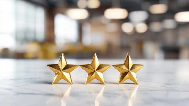 Digital marketing e commerce golden star rating marble surface modern office setting showing