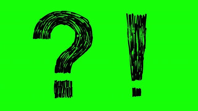 Animated artistic black question mark and exclamation point, rendered with an explicit parallel cross hatching technique, giving vibrating texture.