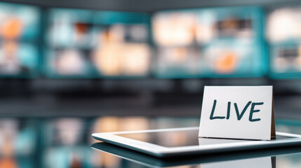 Naklejka premium Digital marketing e commerce live streaming tablet with blurred studio monitors and sign showing