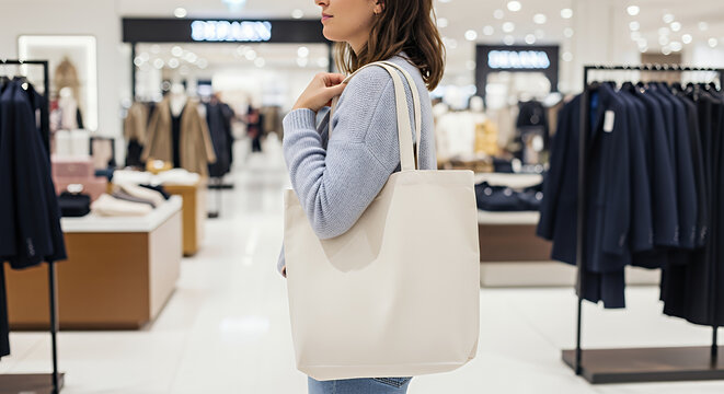 Woman with fabric bag for shopping at department store tote bag mockup mockup fabric bag tote blank canvas cloth design eco fashion cotton shopping empty background