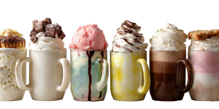 A row of colorful mugs filled with desserts ice cream, whipped cream, and cookie toppings