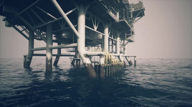 Offshore oil platform looming above sea, weathered steel legs encrusted with barnacle growth and rust, saltstreaked surfaces, choppy gray water, overcast sky