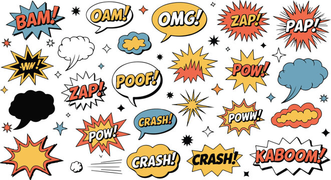 Comic style explosion pattern with colorful sound effect words and speech bubbles dynamic pop art vector background design