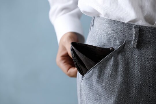 Bankrupt businessman showing empty pockets financial crisis concept