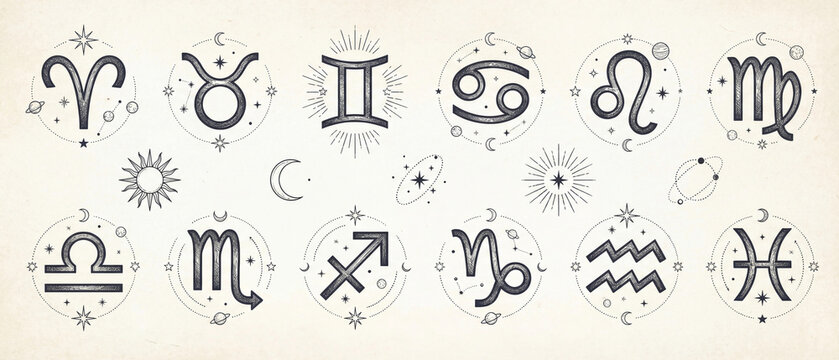 hand drawn zodiac symbols set with astrology signs and decorative elements