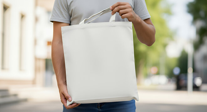 Mockup of a man holding a white tote bag for fashion or promotional designs tote bag mockup mockup fabric bag tote blank canvas cloth design eco fashion cotton shopping empty background