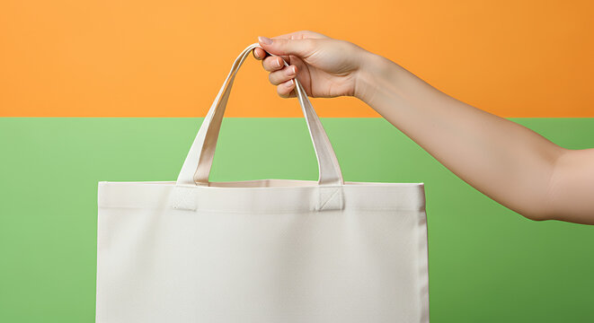 Blank white tote bag canvas fabric with handle mock up design close up of woman hand holding eco or reusable shopping bag on green orange background no plastic bag and ecology concept copy space tote 