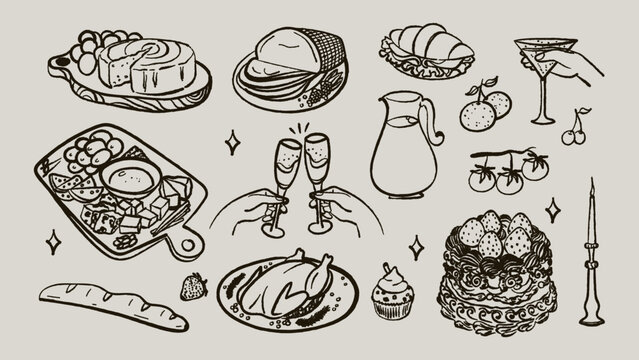 Hand drawn crayon birthday party food and drink vector set with roast turkey, cake, cheese board, and champagne clinking. Line art illustration of gourmet feast for menu or invitation design.