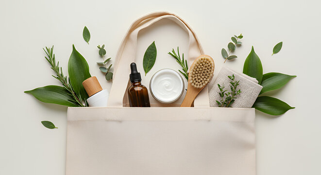 This flat lay features a beige tote bag filled with natural beauty products surrounded by vibrant green leaves offering ample space for branding or text placement tote bag mockup mockup fabric bag tot