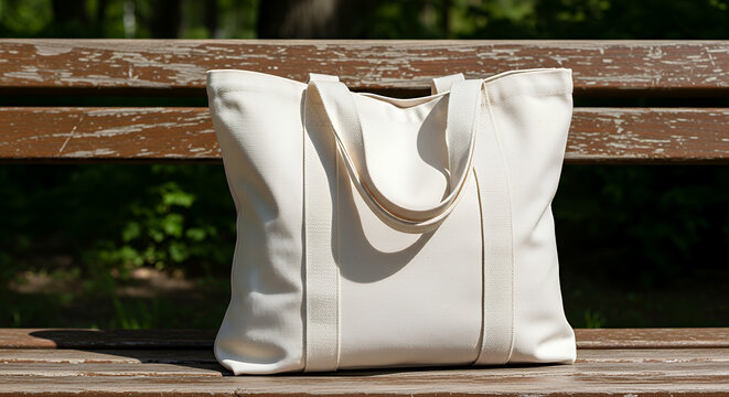 A white canvas bag sits on a wooden bench in a park tote bag mockup mockup fabric bag tote blank canvas cloth design eco fashion cotton shopping empty background