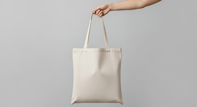 Cream-colored tote bag held by a hand against a plain gray background tote bag mockup mockup fabric bag tote blank canvas cloth design eco fashion cotton shopping empty background