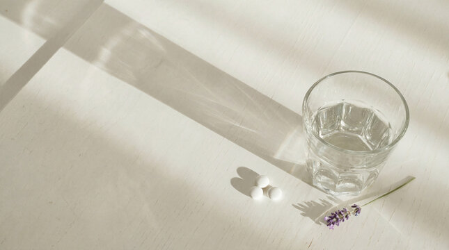 Minimalist still life photograph of water, pills, and lavender on a white table with strong natural light.