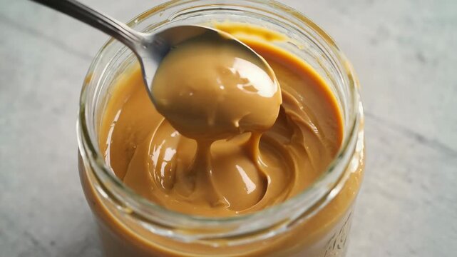 Slow motion of creamy peanut butter being stirred with spoon showing smooth texture and rich food consistency close up