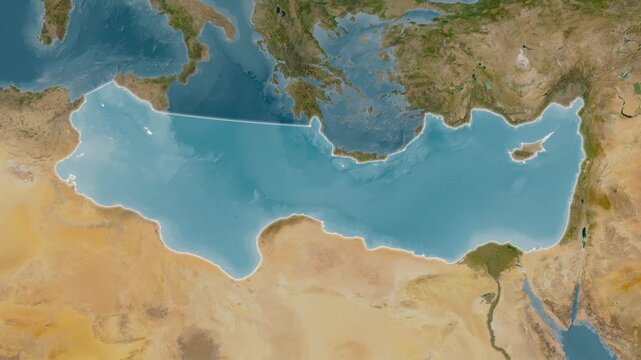 Mediterranean Sea - Eastern Basin, Excluding Sub Basins - Highlighted Geographic Boundaries on Natural Color Map