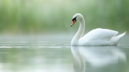 Fototapeta premium White swan swimming on calm lake with perfect reflection in water nature beauty concept