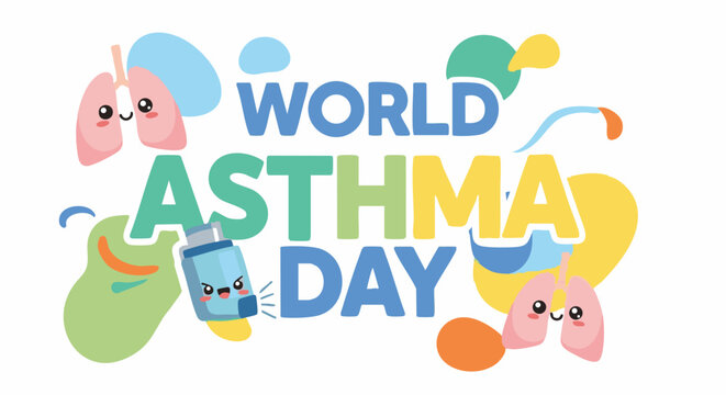 World Asthma Day colorful illustration with lungs and inhaler in playful cartoon style for health awareness campaign