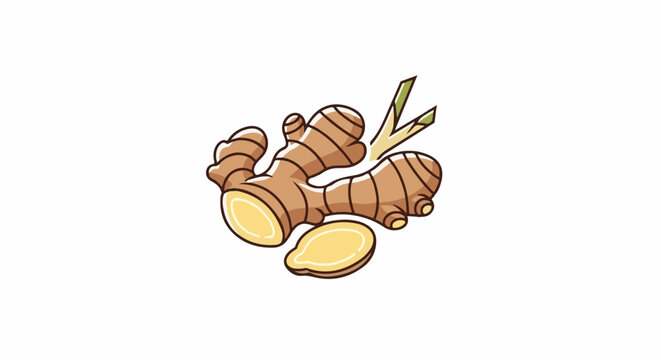 A stylized cartoon drawing of a brown ginger root, sliced and with green shoots