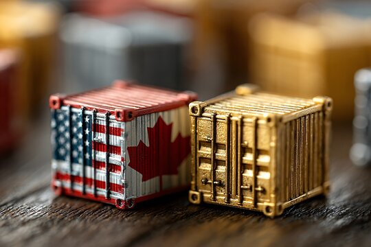 Macro shot of miniature shipping containers symbolizing international trade relations between the US and Canada.