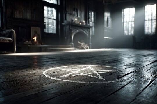 Ethereal chalk pentagram drawn on rustic stone floor. Generative AI