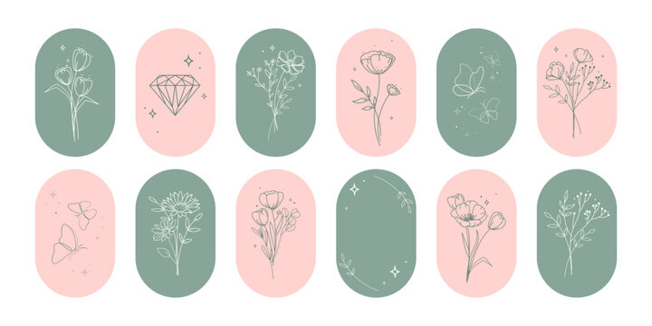 Minimal emblem icon set with hand drawn floral line art in oval frames with flowers leaves butterflies and diamond crystal badges for branding logos social media highlights packaging design.Vector