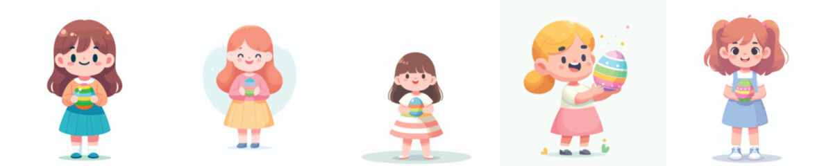 Fototapeta premium vector of a little girl standing happily holding an Easter egg