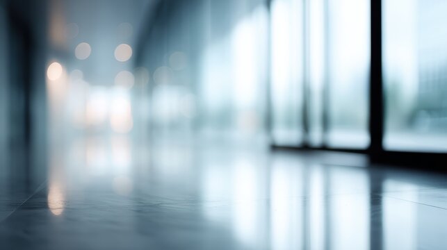 Corporate lobby interior blurred background, glass entrance hall with natural light and reflections, modern architecture
