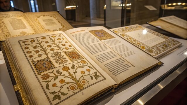 Ornate illuminated manuscript pages in museum display