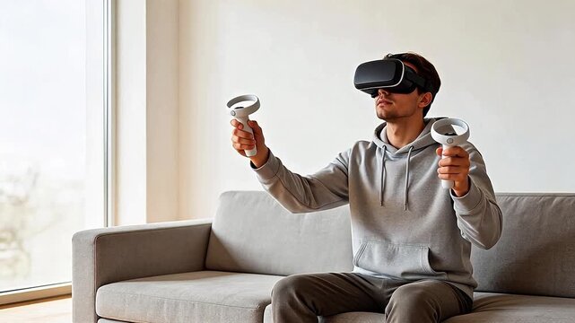 Young man using VR headset and controllers while sitting on a modern sofa at home, immersive virtual reality experience in casual living room setting