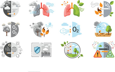 Fototapeta premium Air Pollution and Environmental Health Impact Set with Illustrations of Lungs, Trees, and Ozone for Eco-Conscious Campaigns, Education, and Awareness