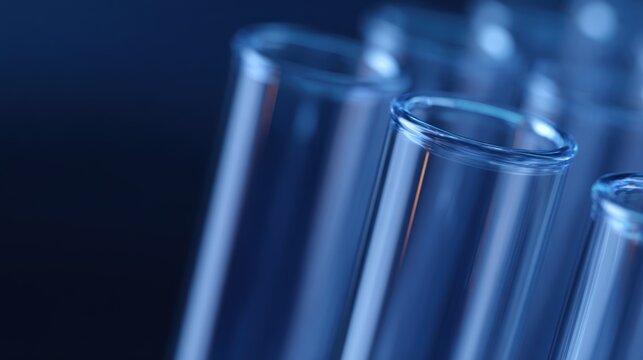transparent laboratory test tubes in blue light scientific research background with copy space