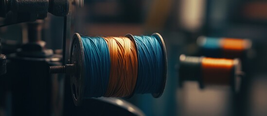 Naklejka premium Close-up of industrial textile machine spool with vibrant blue and orange threads, symbolizing craftsmanship.